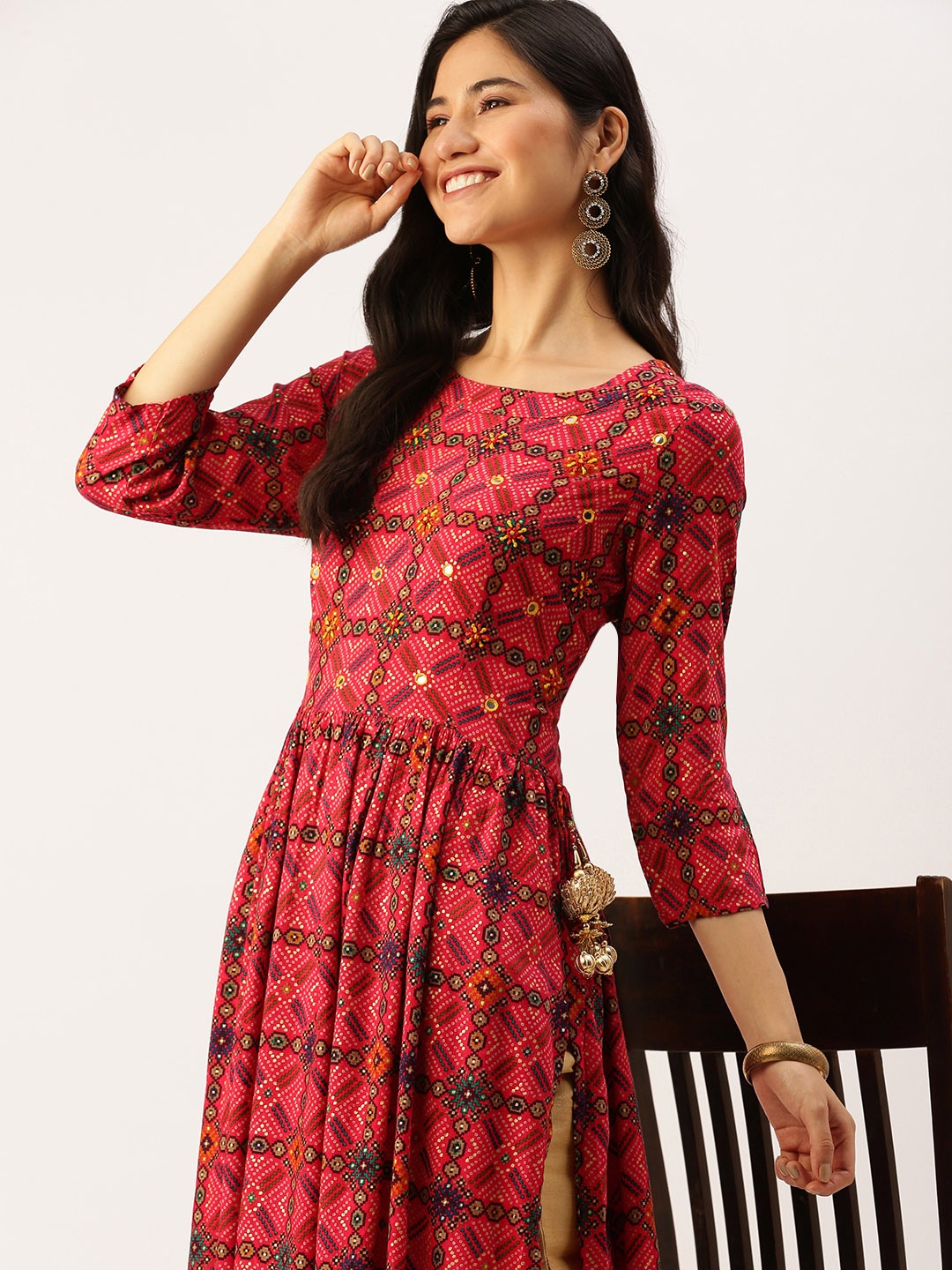 

SHOWOFF Women Pink Ethnic Motifs Printed Mirror Work Anarkali Kurta