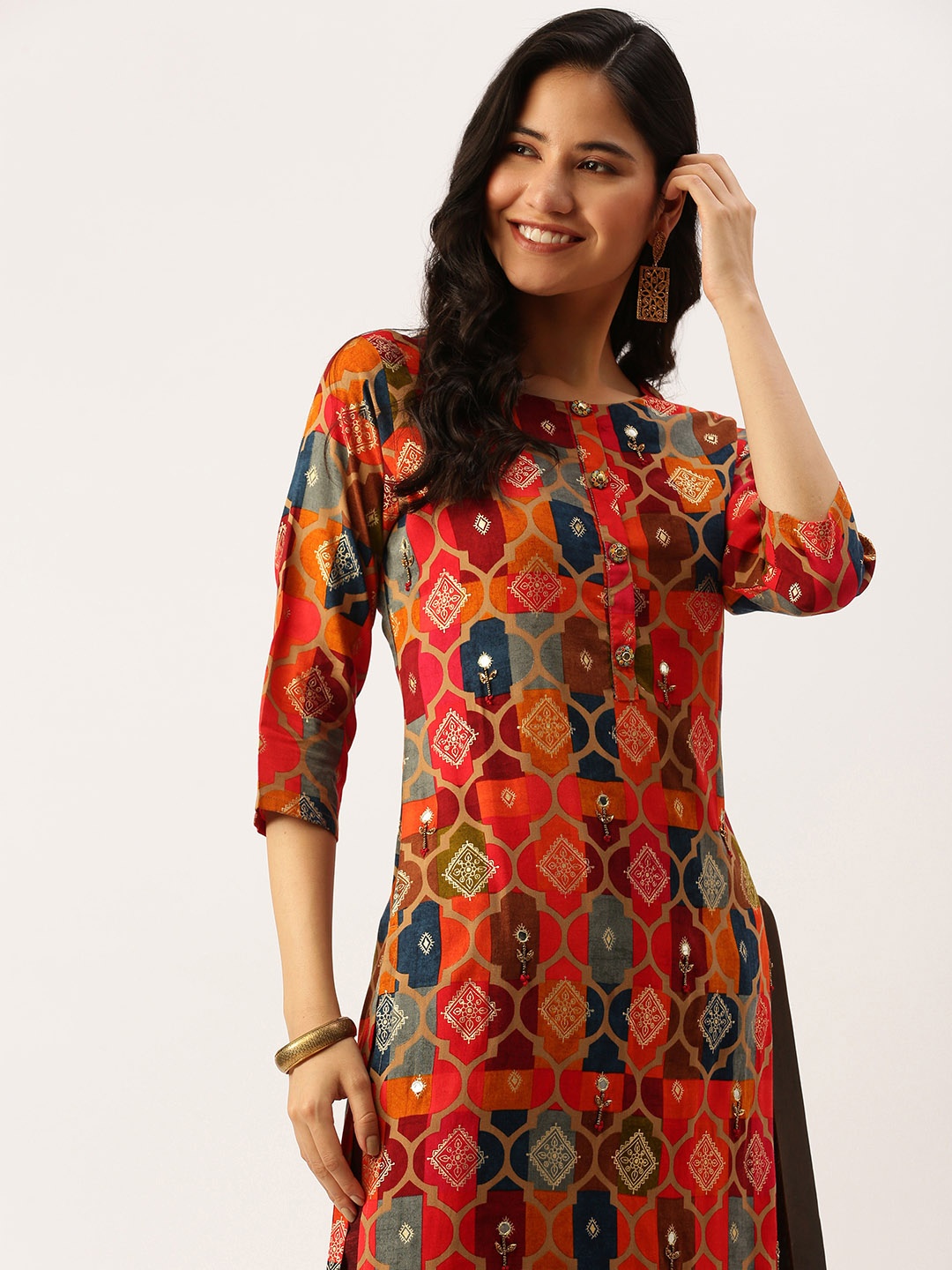 

SHOWOFF Women Red & Navy Blue Ethnic Motifs Printed Kurta