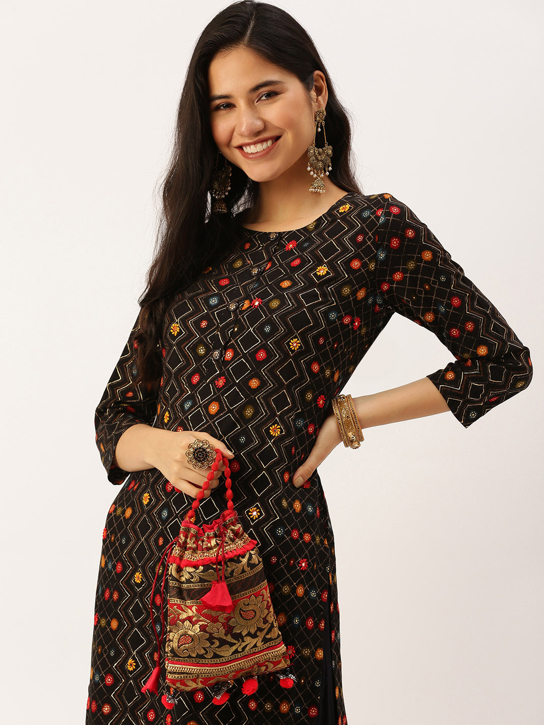 

SHOWOFF Women Black Geometric Printed Kurta
