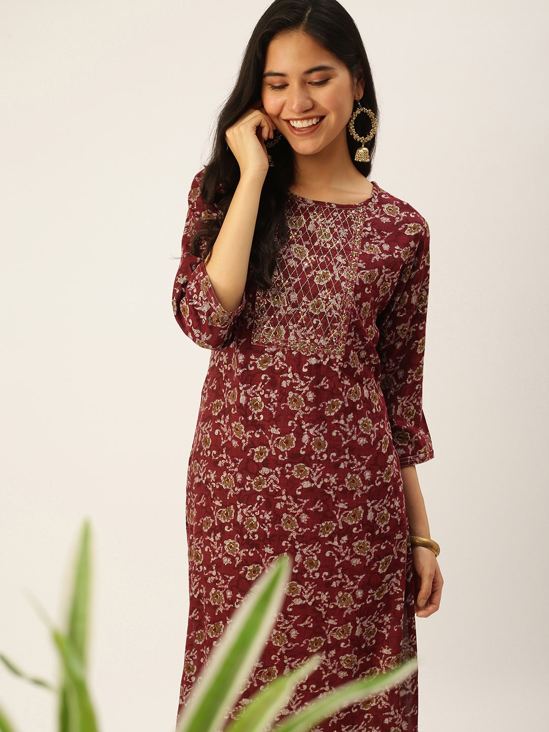 

SHOWOFF Women Maroon Printed Floral Kurta