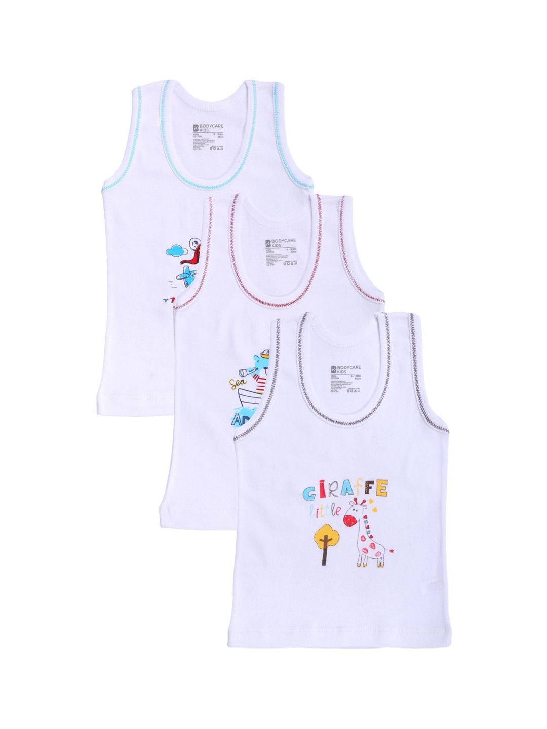 

Bodycare Kids Infant Boys Pack Of 3 White Printed Cotton Innerwear Basic Vests