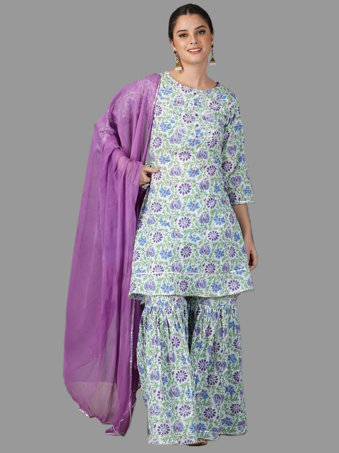 

METRO-FASHION Women Purple Floral Printed Pure Cotton Kurti with Sharara & With Dupatta