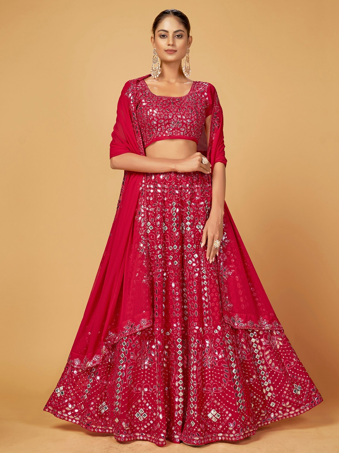 

Cloth's Villa Pink & Silver-Toned Embellished Semi-Stitched Lehenga & Unstitched Blouse With Dupatta