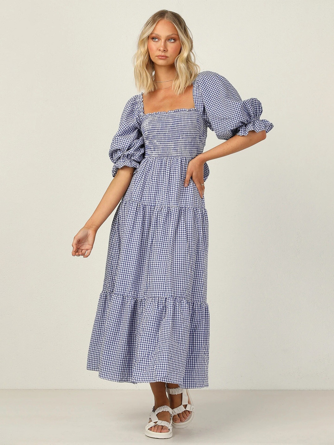 

BoStreet Women Blue Checked A-Line Maxi Dress