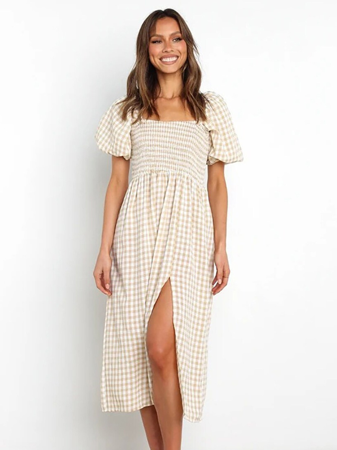 

BoStreet Beige Checked Midi Side cut Smocked Dress