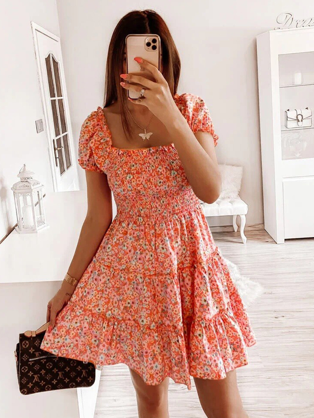 

BoStreet Women Orange Floral Printed Dress