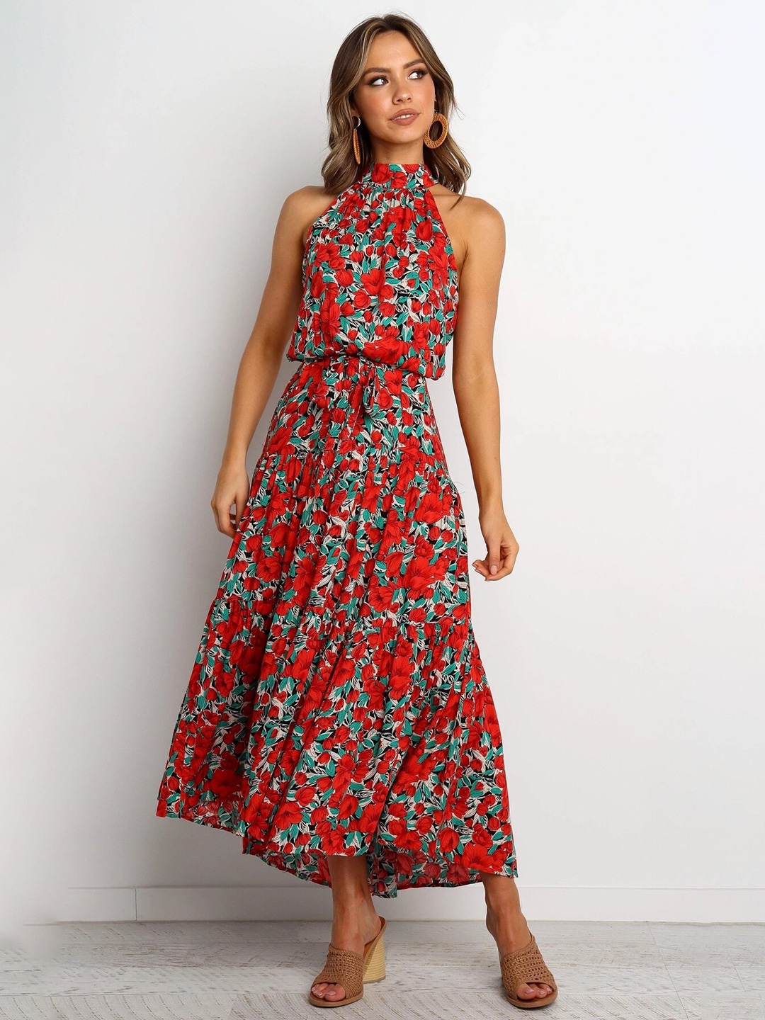 

BoStreet Women Red Floral Halter Neck Maxi Dress
