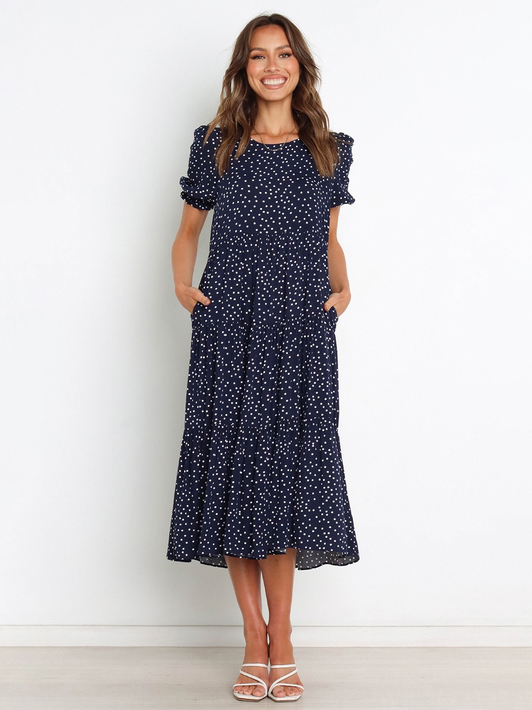

BoStreet Women Printed Navy Blue Midi Dress