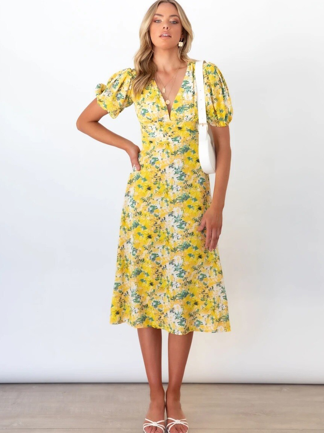 

BoStreet Yellow Floral A-Line Midi Dress