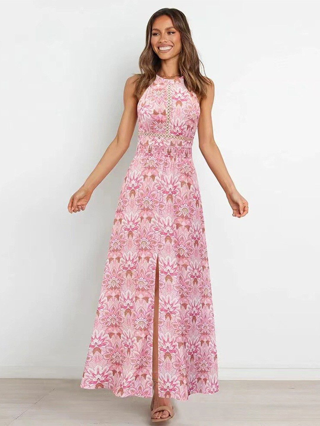 

BoStreet Pink & White Floral Halter Neck Maxi Dress