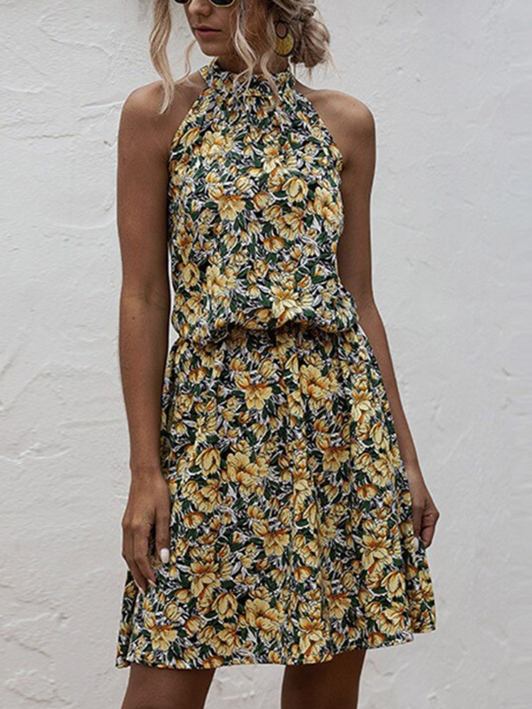 

BoStreet Women Green & Yellow Floral Printed Halter Neck Fit and Flare Dresses