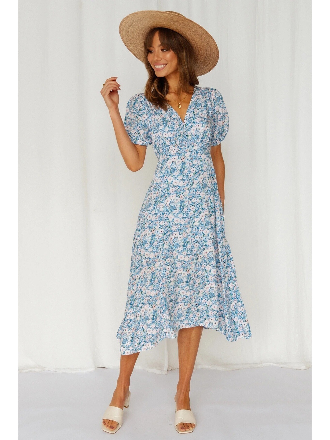 

BoStreet Blue Floral A-Line Midi Dress