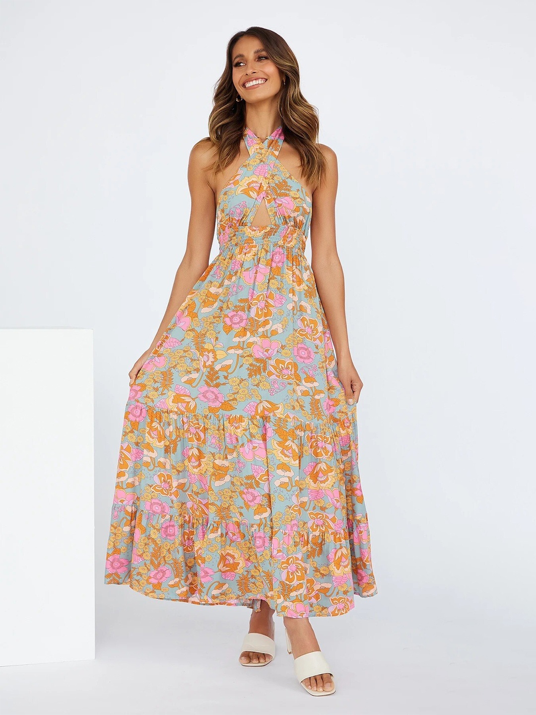 

BoStreet Multicoloured Floral Halter Neck Maxi Dress, Multi