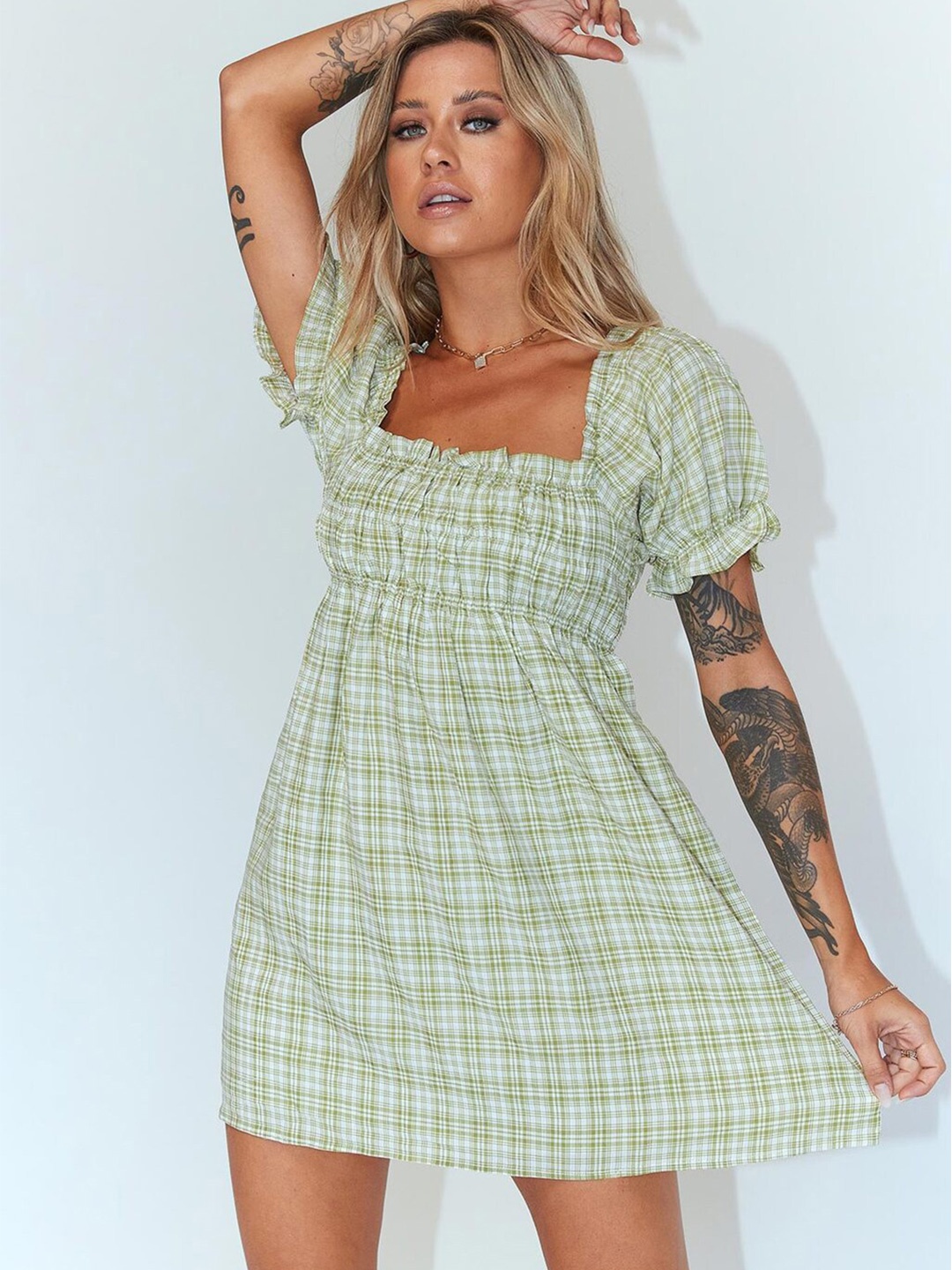 

BoStreet Women Green & White Checked Fit and Flare Dress