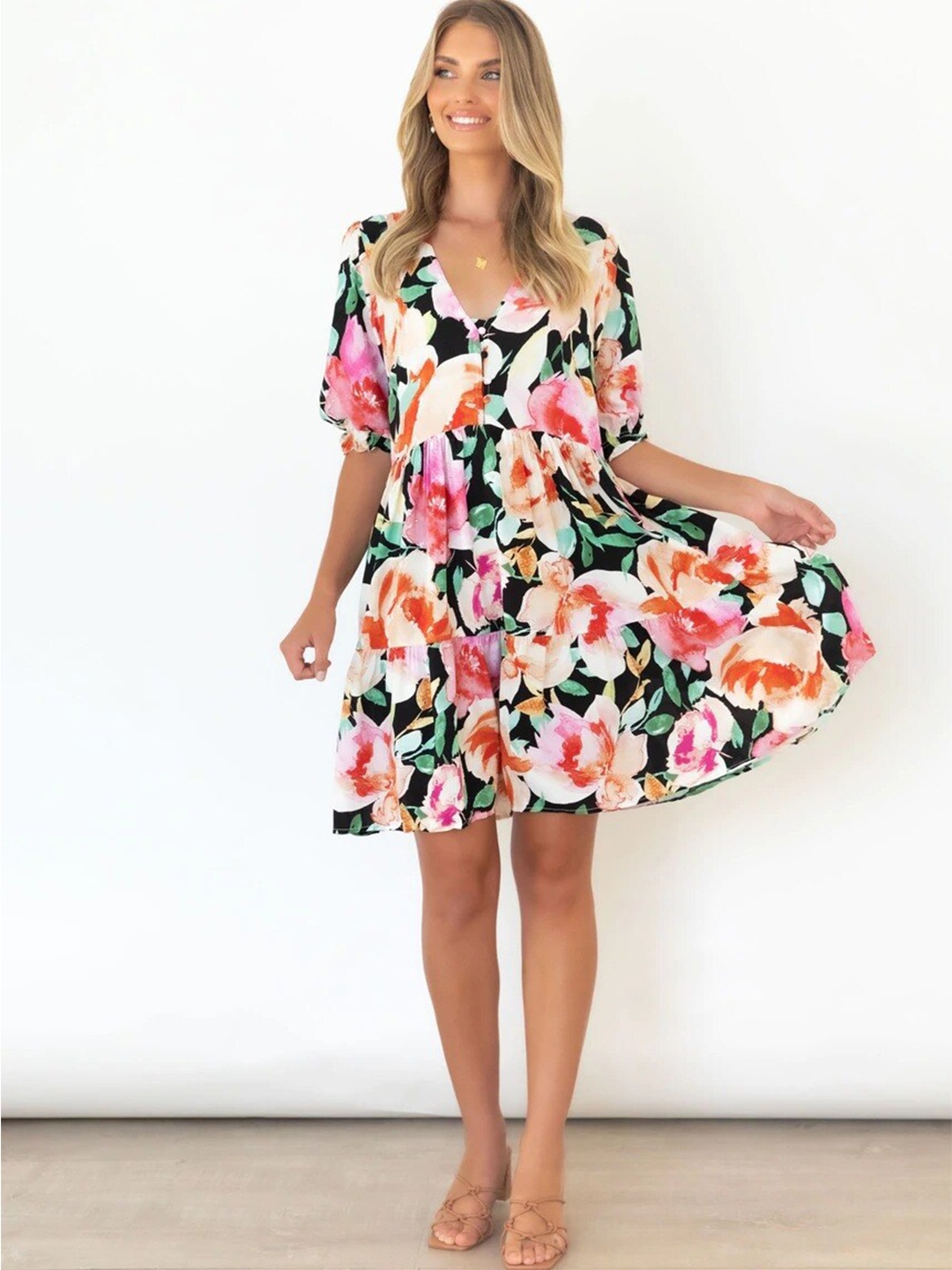 

BoStreet Black & Pink Floral Fit & Flare Dress