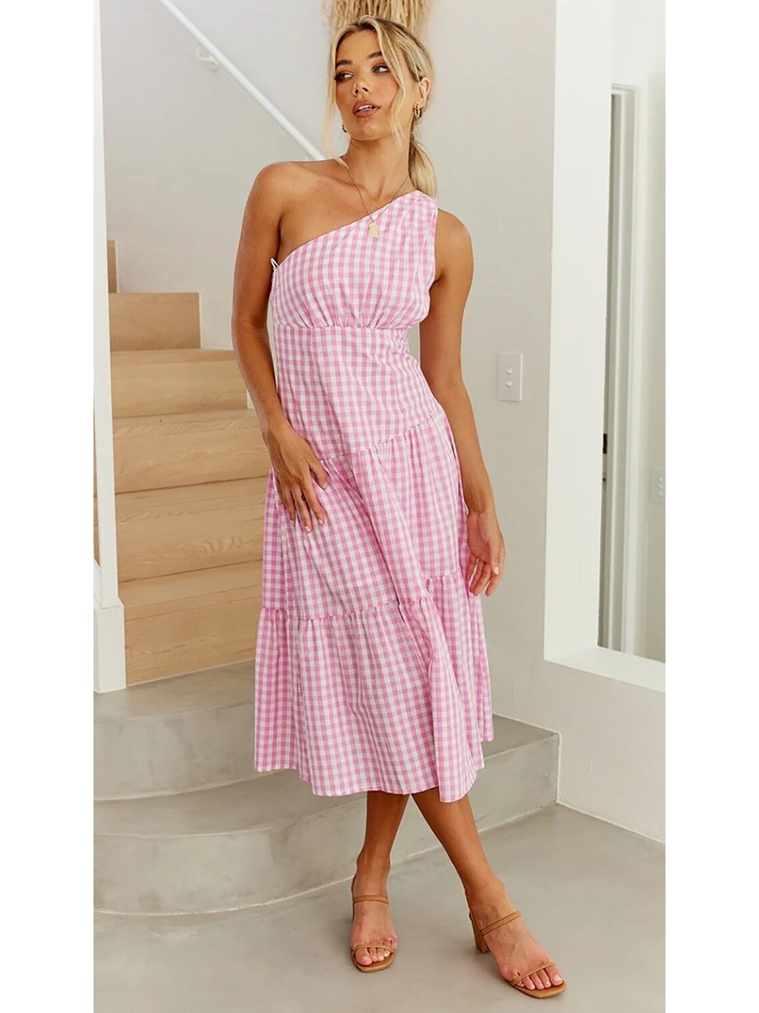 

StyleCast Pink Checked One Shoulder Midi Dress