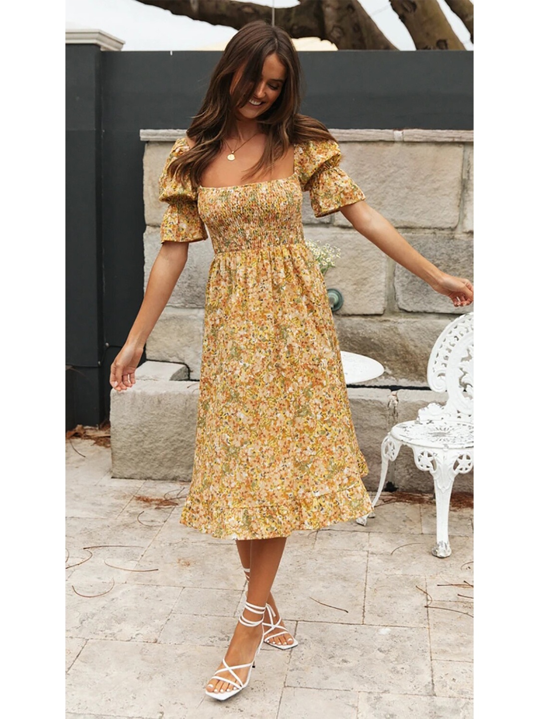 

BoStreet Yellow Floral Fit and Flare Midi Dress