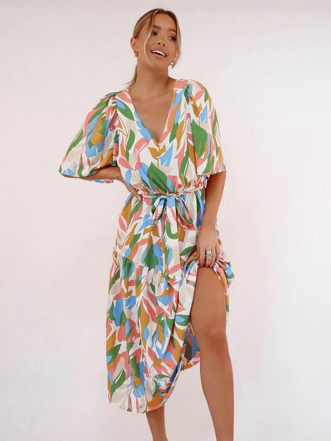 

BoStreet Beige & Green A-Line Midi Tiered Dress