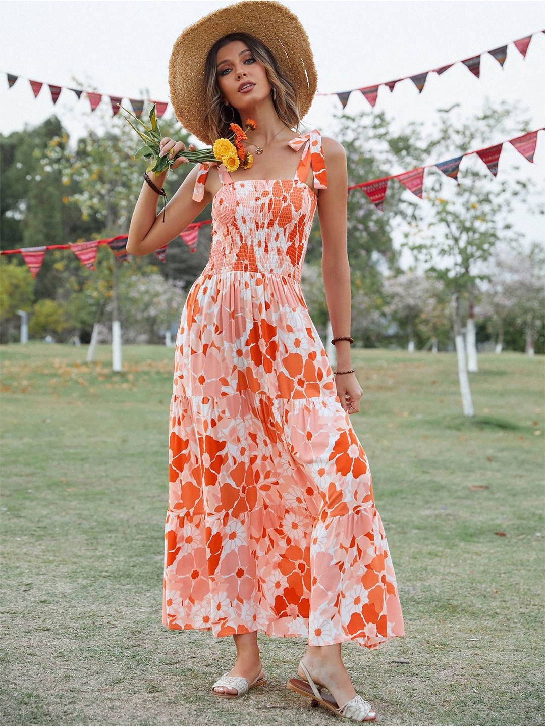 

BoStreet Women Orange Floral Maxi Dress