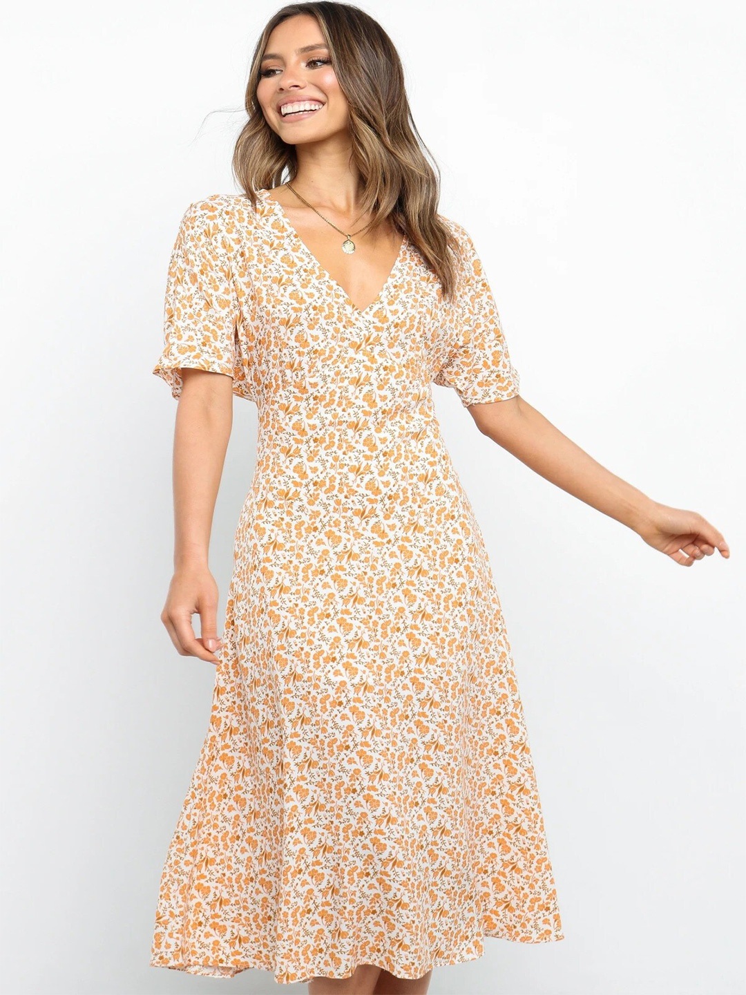 

BoStreet Beige Floral A-Line Midi Dress