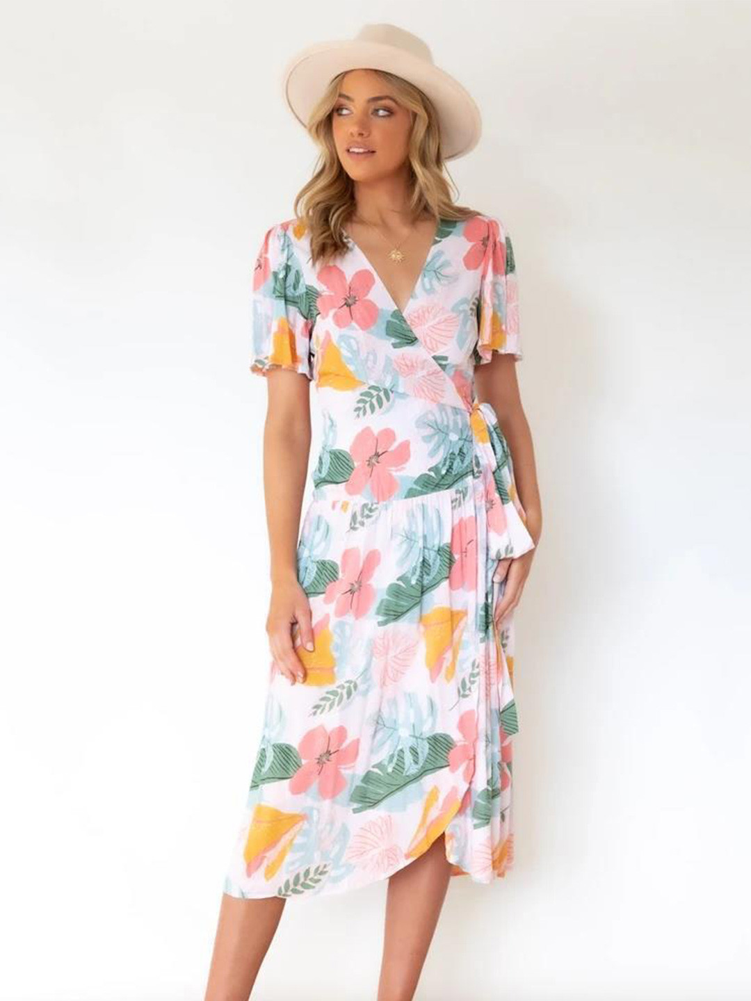 

BoStreet White Floral Wrap Dress