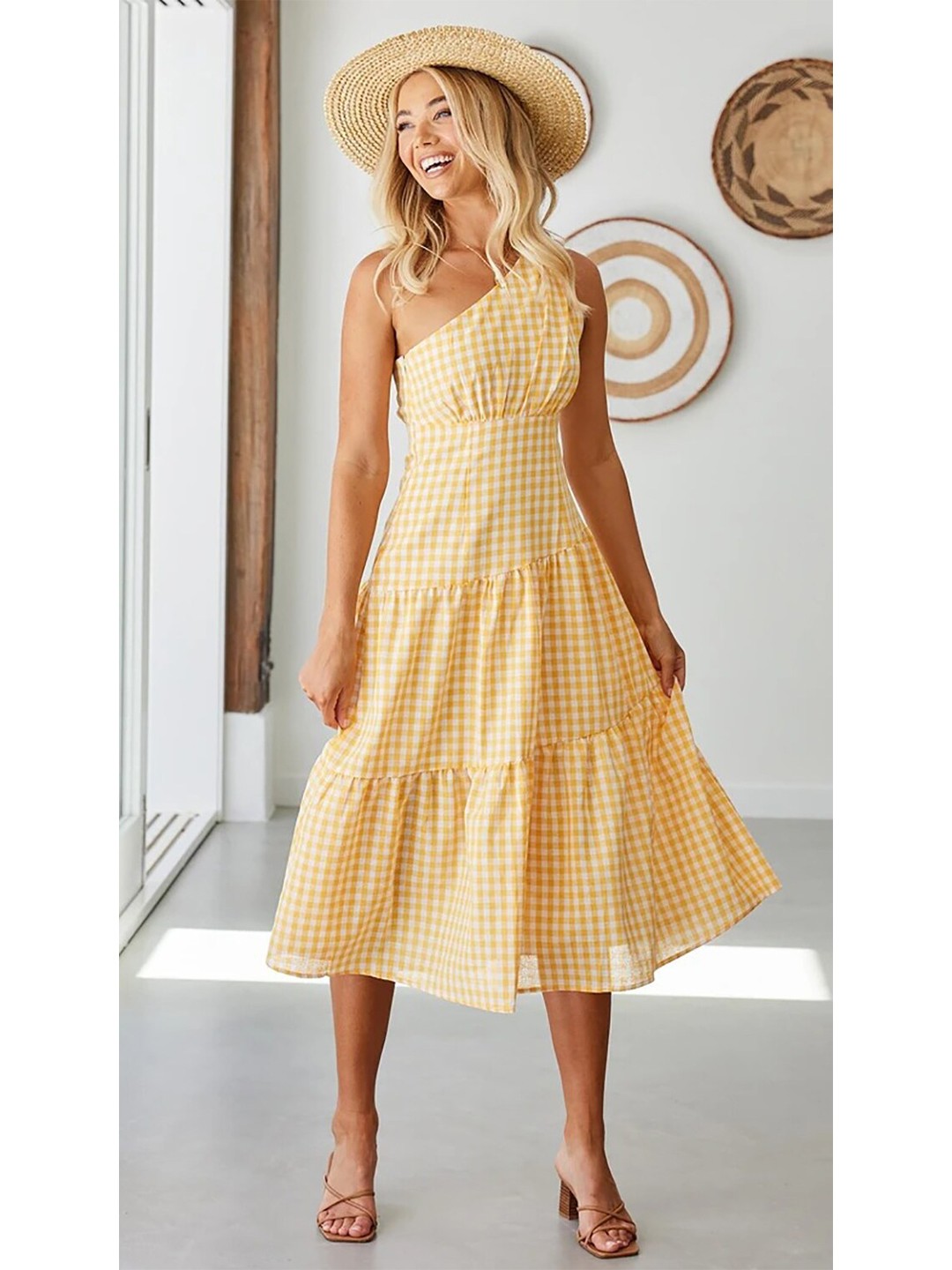 

StyleCast Women Yellow Checked One Shoulder A-Line Dress