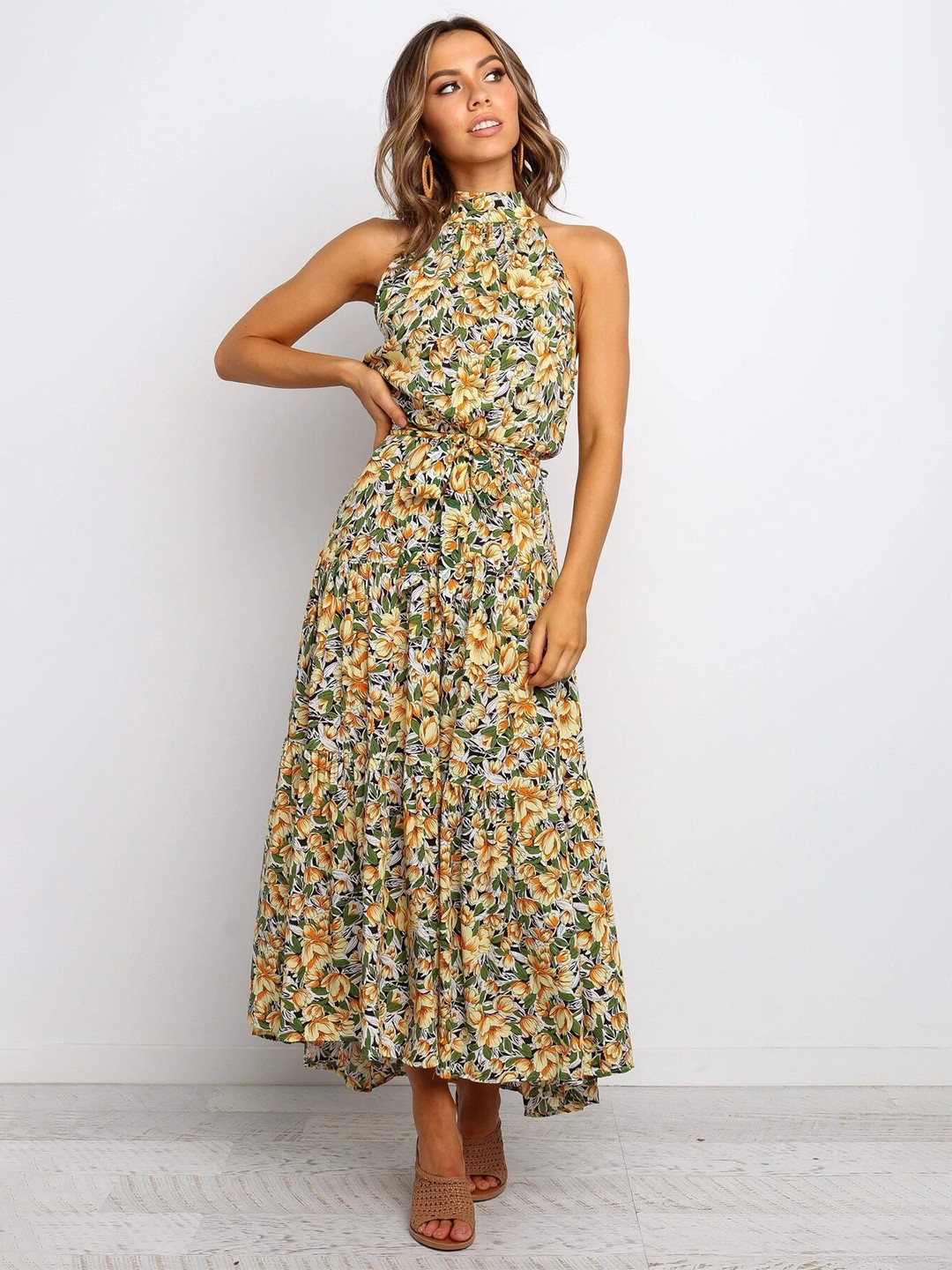 

BoStreet Yellow Floral Halter Neck Maxi Dress