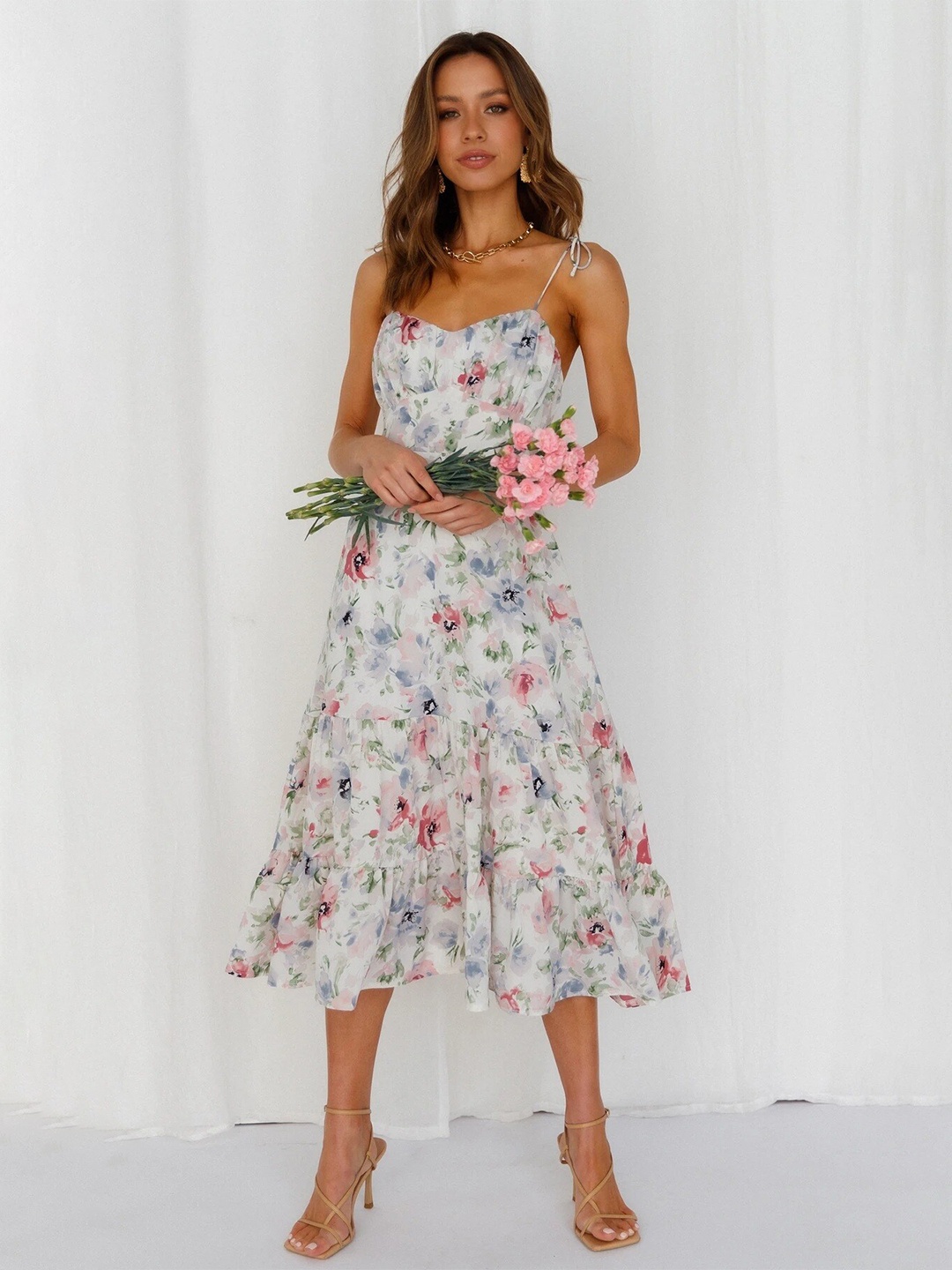

StyleCast White & Peach-Coloured Floral Tie-Up Neck Midi Dress