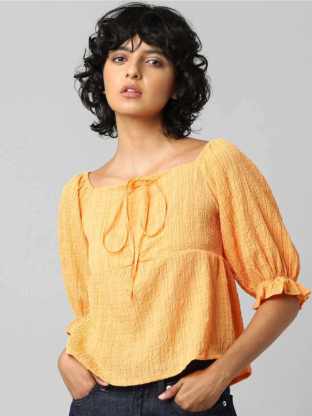 

ONLY Women Orange Tie-Up Neck Blouson Top