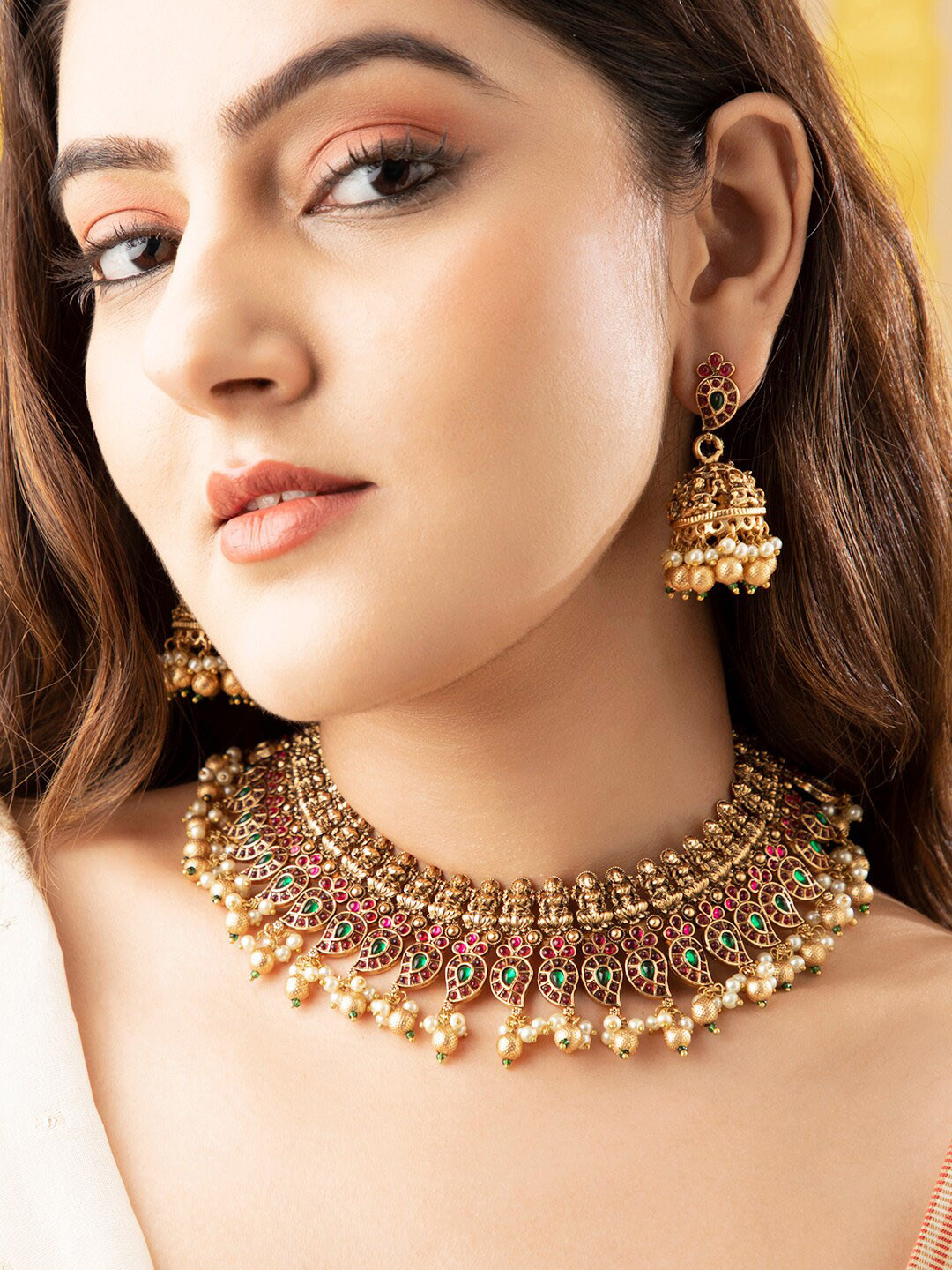 

Rubans 24K Gold-Plated Green & Red Stone Studded & Beaded Temple Jewellery Set