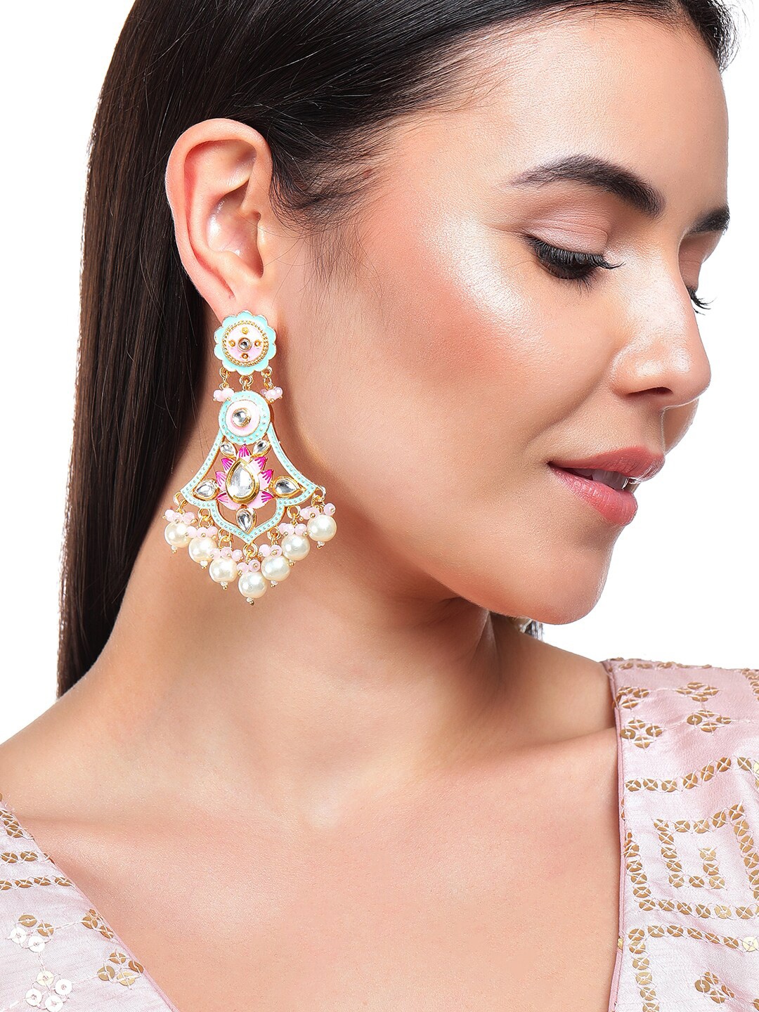 

Rubans Women Gold-Toned & Sea Green Geometric Jhumkas Earrings