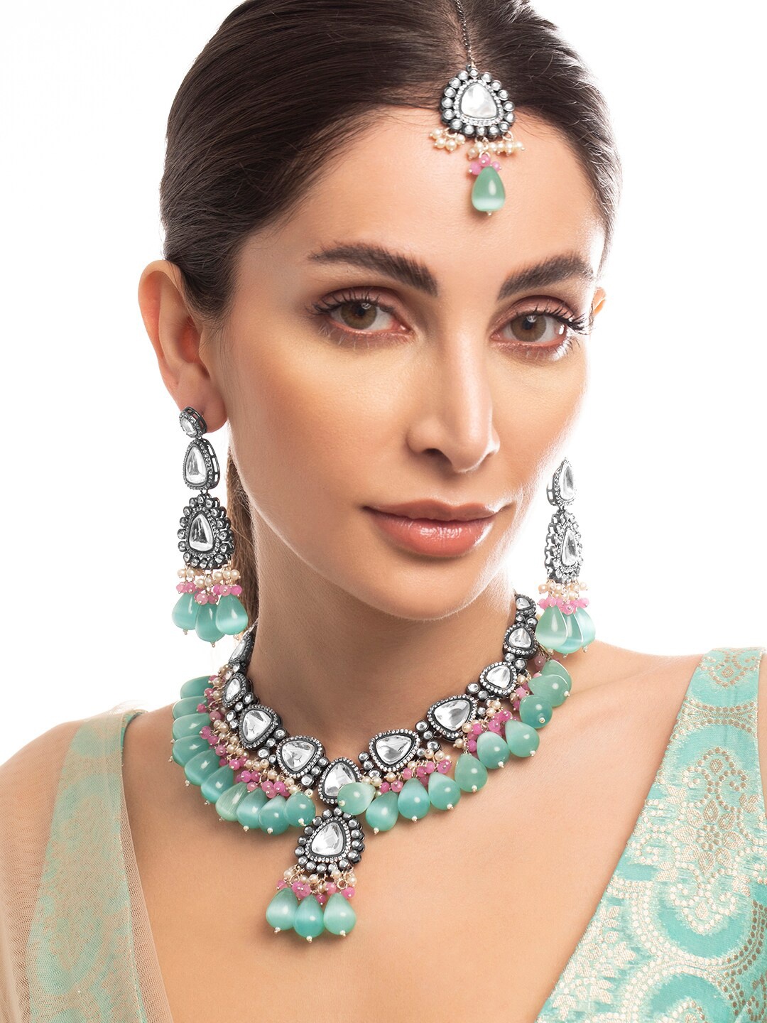 

Rubans Pink & Green Silver-Plated Kundan Studded & Beaded Jewellery Set
