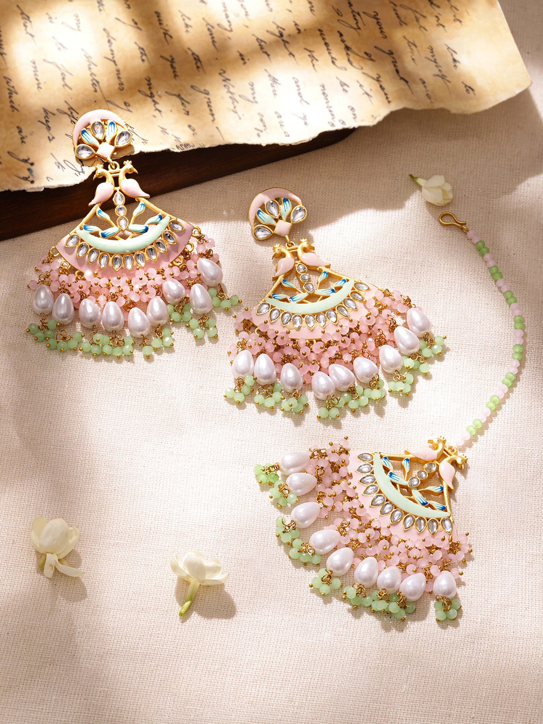 

Rubans Gold-Plated Pink & White Stone & Beaded Jewellery Set