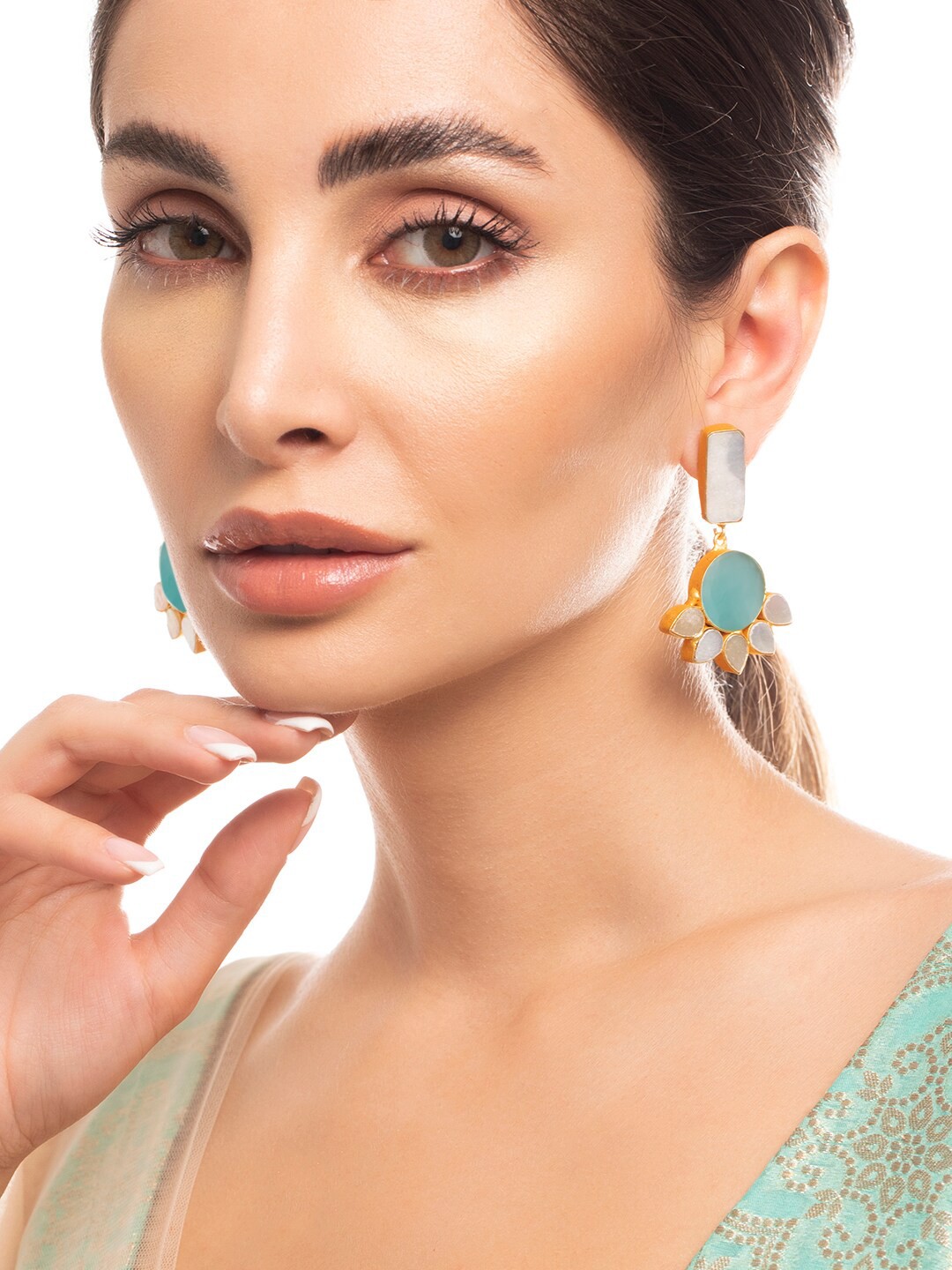 

Rubans White & Turquoise Blue Geometric Gold-Plated Drop Earrings