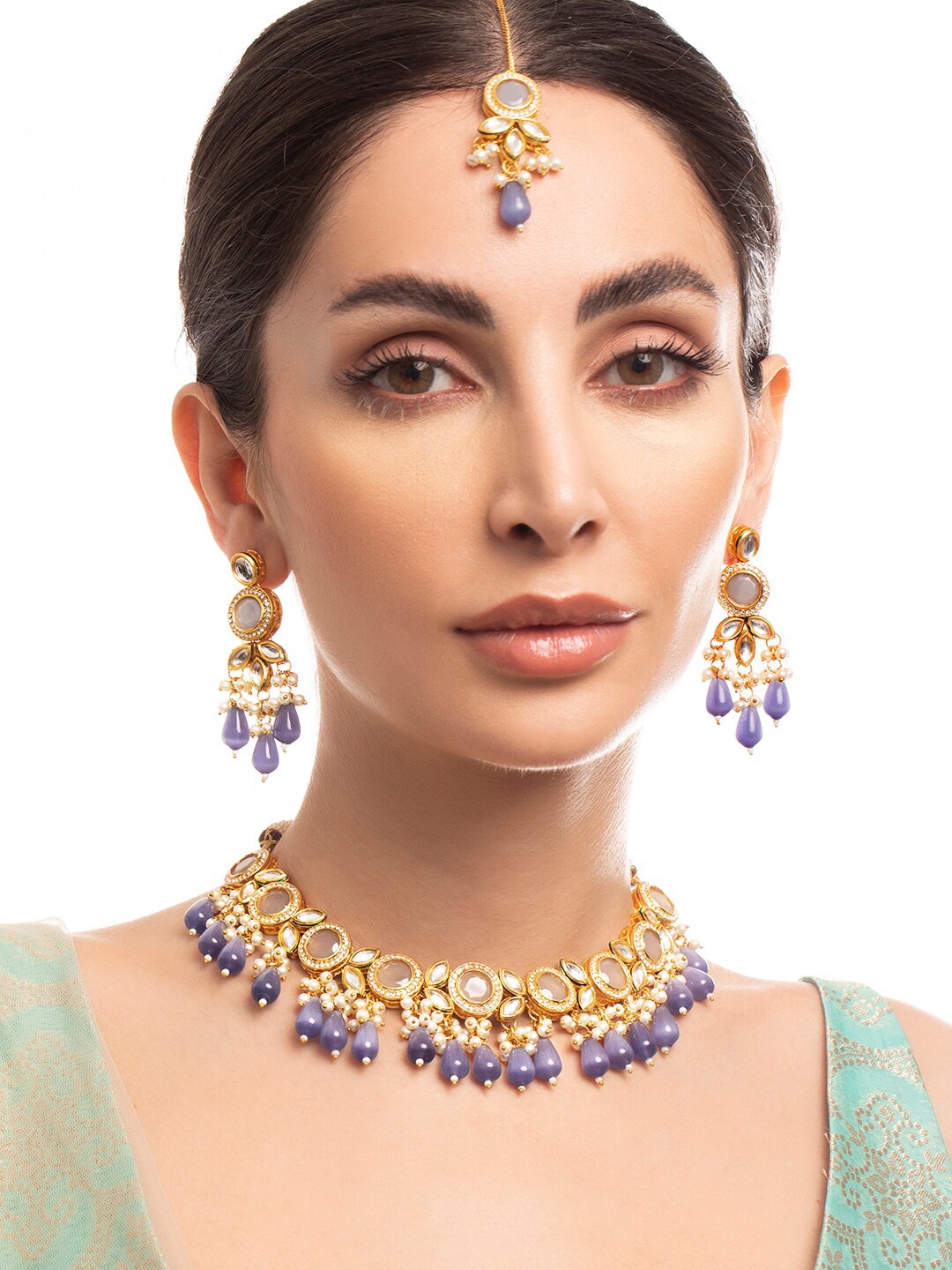 

Rubans Gold-Plated & Blue Kundan Stone-Studded Jewellery Set