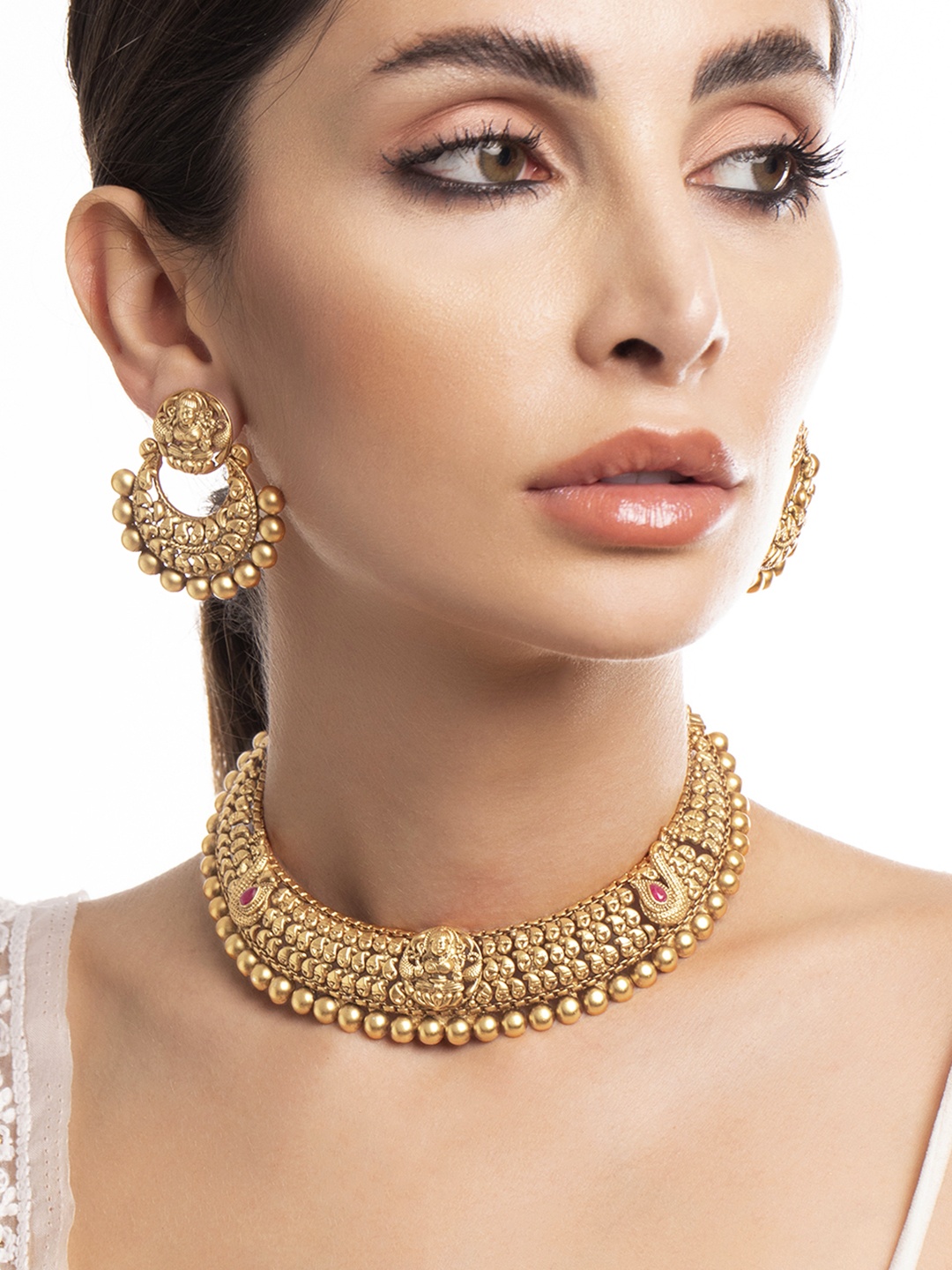

Rubans 24K Gold-Plated Matte Finish Temple Jewelry Set with Lakshmi Motif & Beaded Details