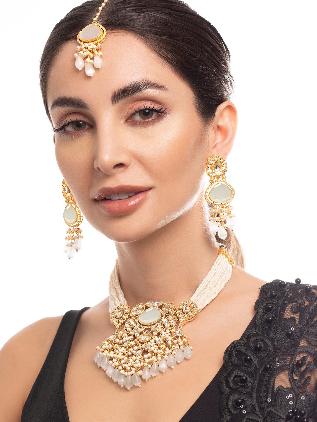 

Rubans Women 24Kt Gold-Plated White Kundan Studded & Pearls Beaded Jewellery Set