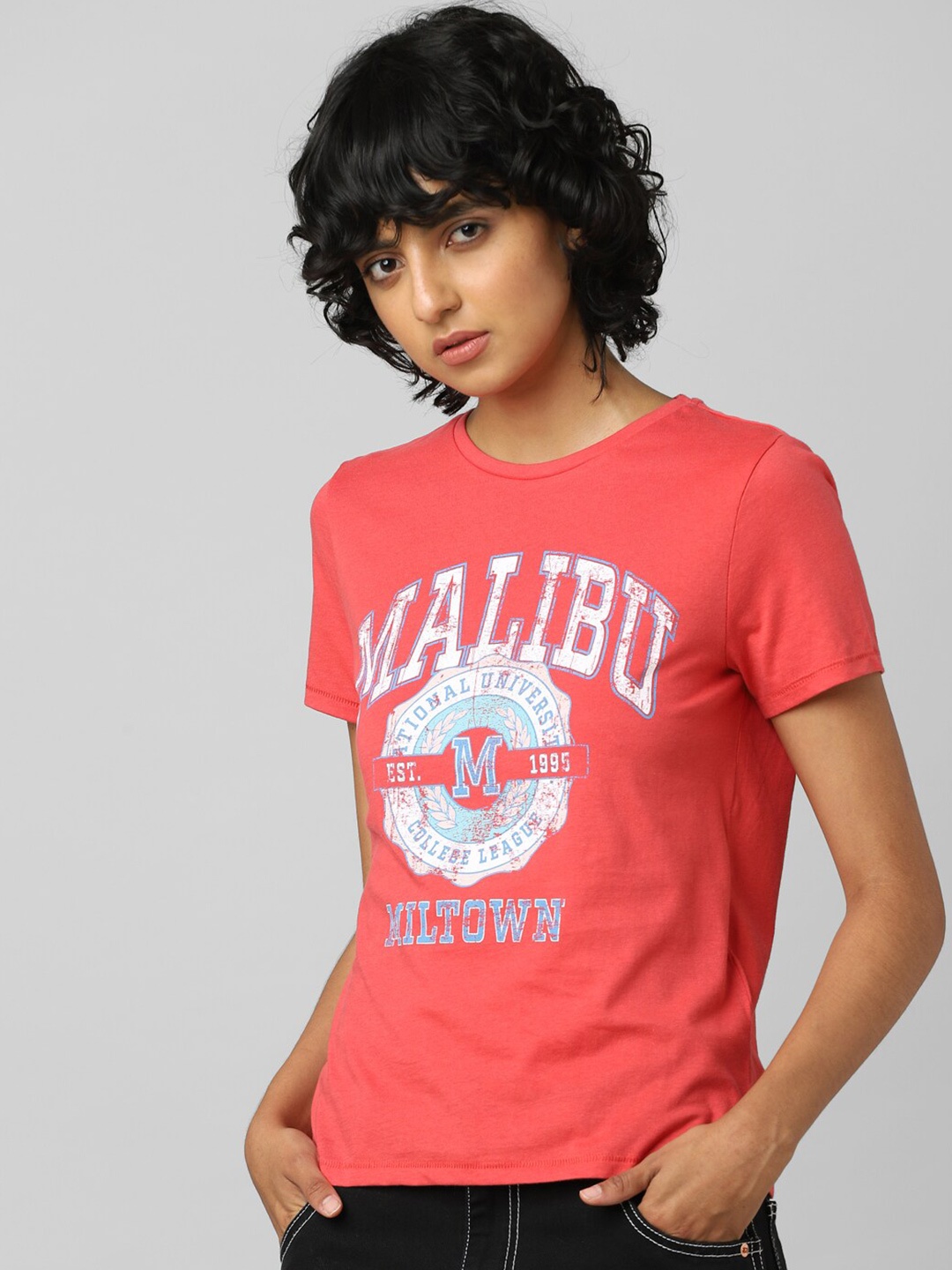

ONLY Women Red Varsity Printed Applique T-shirt