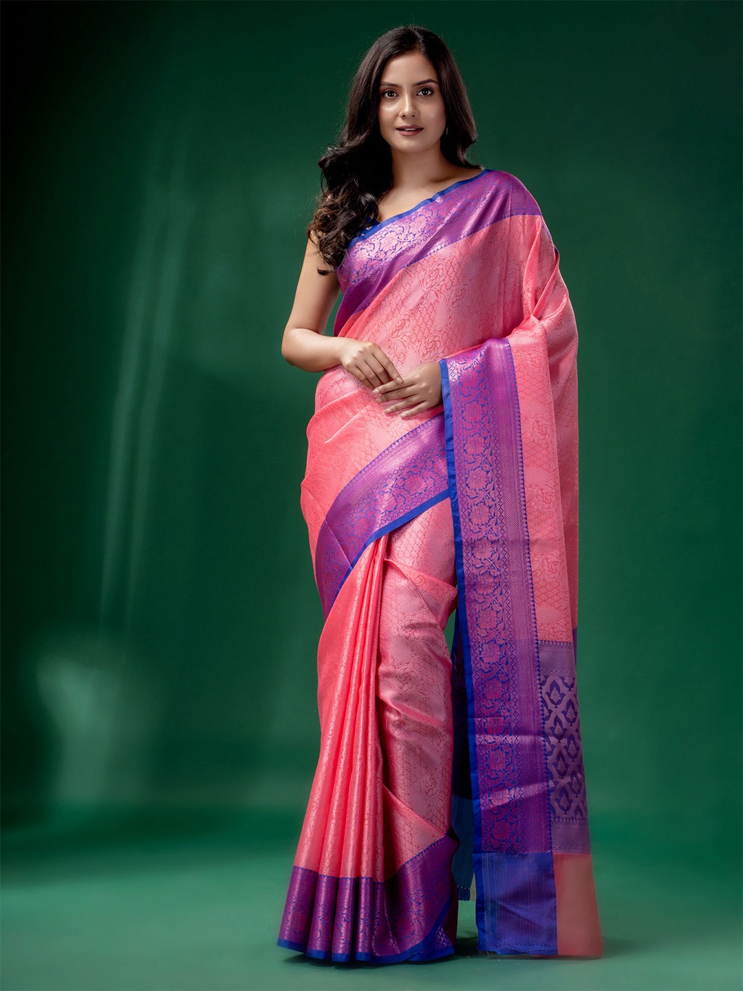 

Charukriti Pink & Blue Woven Design Zari Organza Saree