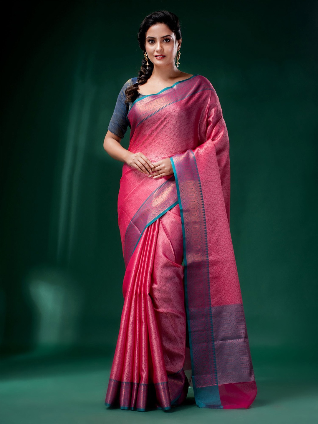 

Charukriti Pink & Blue Woven Design Zari Organza Saree
