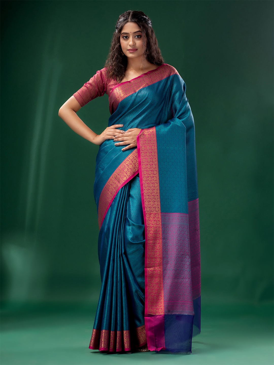 

Charukriti Women Blue & Pink Woven Design Zari Organza Saree With Unstitched Blouse Piece