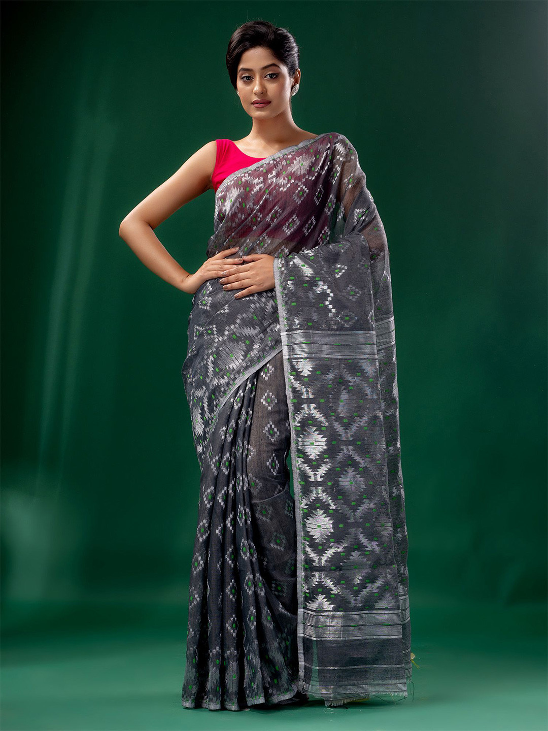 

Charukriti Grey & Silver-Toned Woven Design Silk Cotton Jamdani Saree
