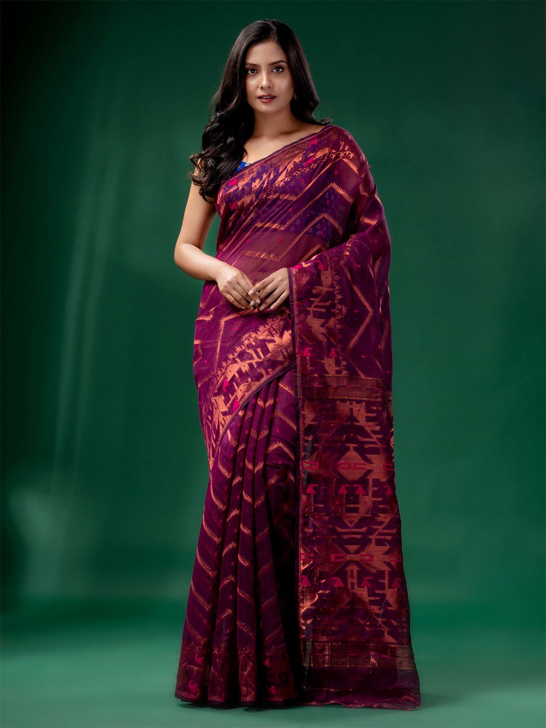 

Charukriti Purple Woven Design Silk Cotton Jamdani Saree