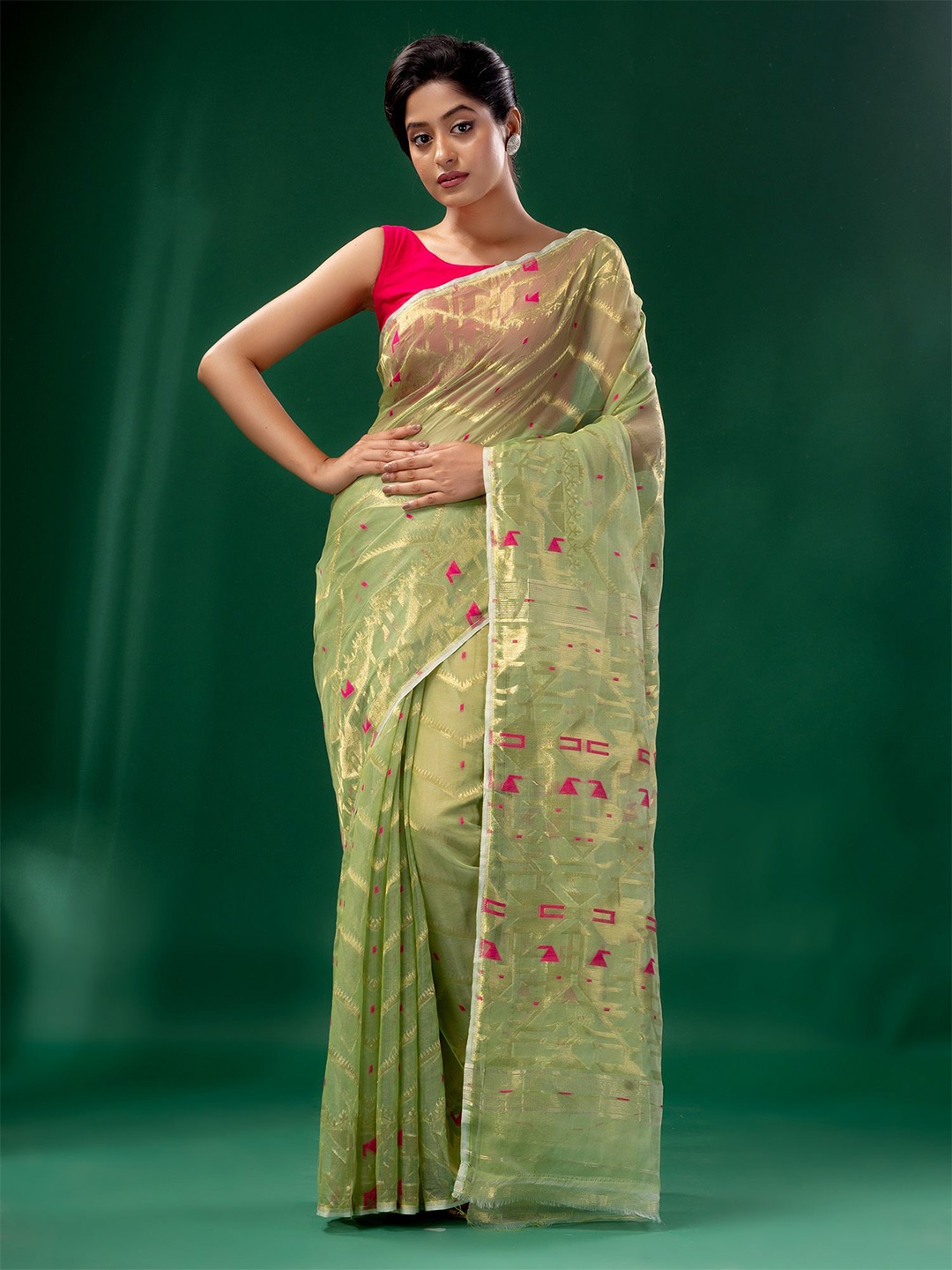

Charukriti Green & Pink Woven Design Silk Cotton Jamdani Saree