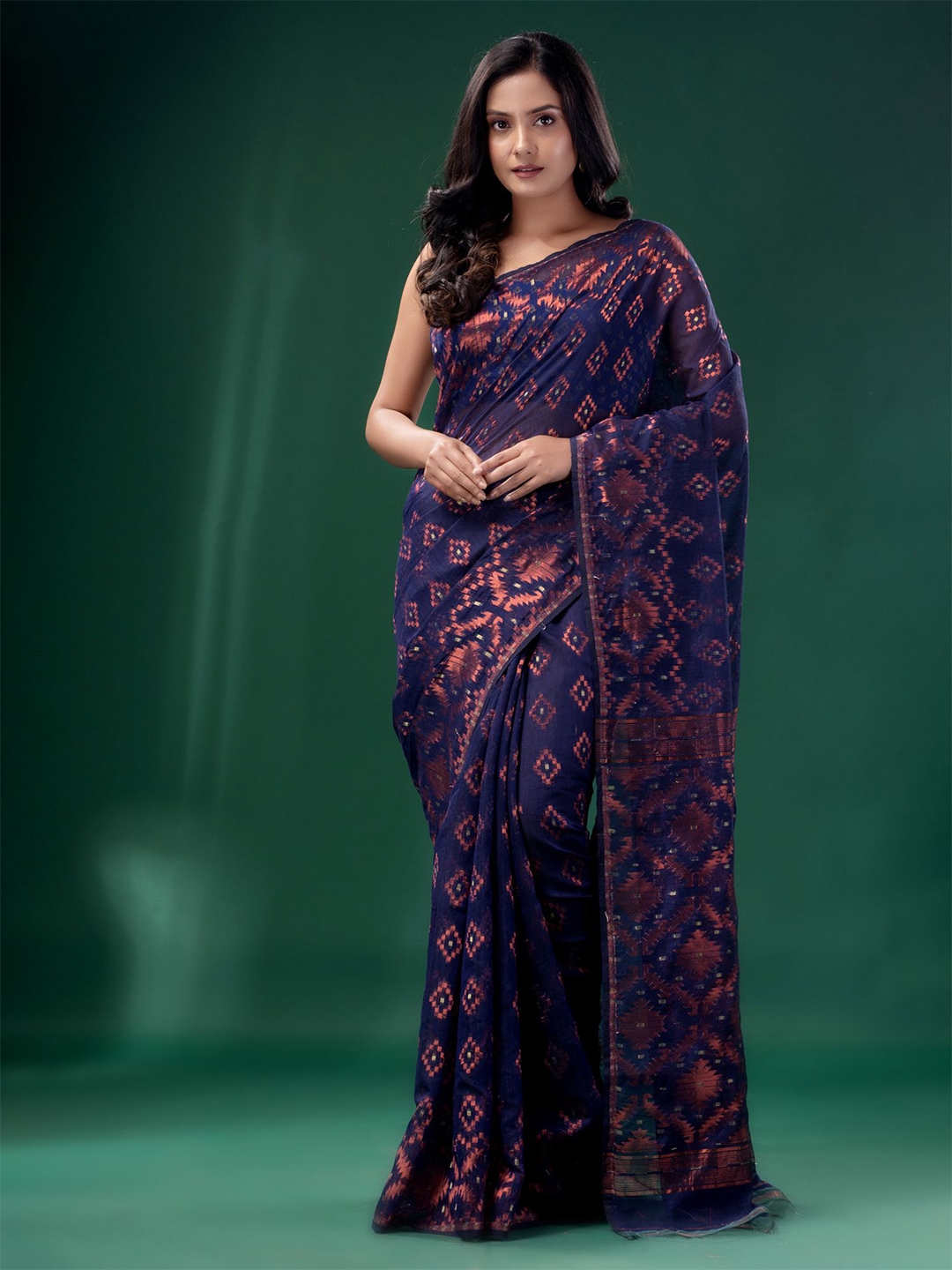 

Charukriti Blue & Gold-Toned Woven Design Zari Silk Cotton Jamdani Saree