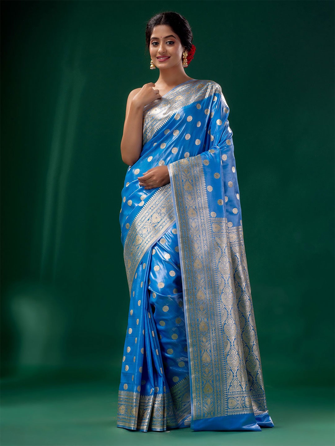 

Charukriti Women Blue & Silver-Toned Woven Design Zari Pure Silk Saree