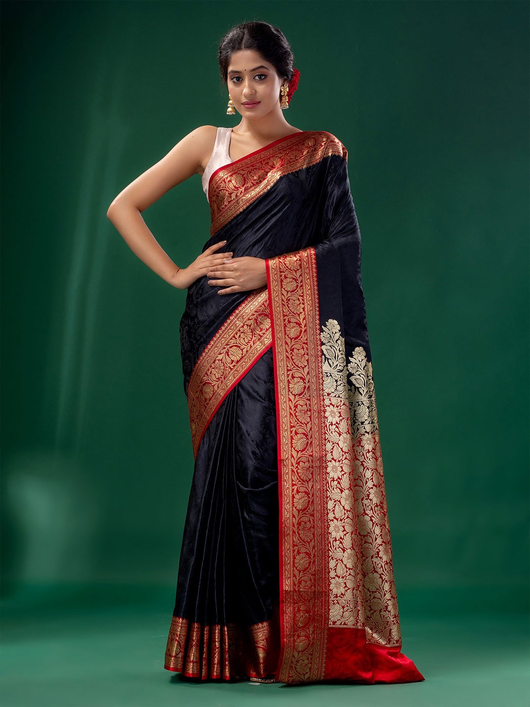 

Charukriti Black & Red Woven Design Pure Silk Saree