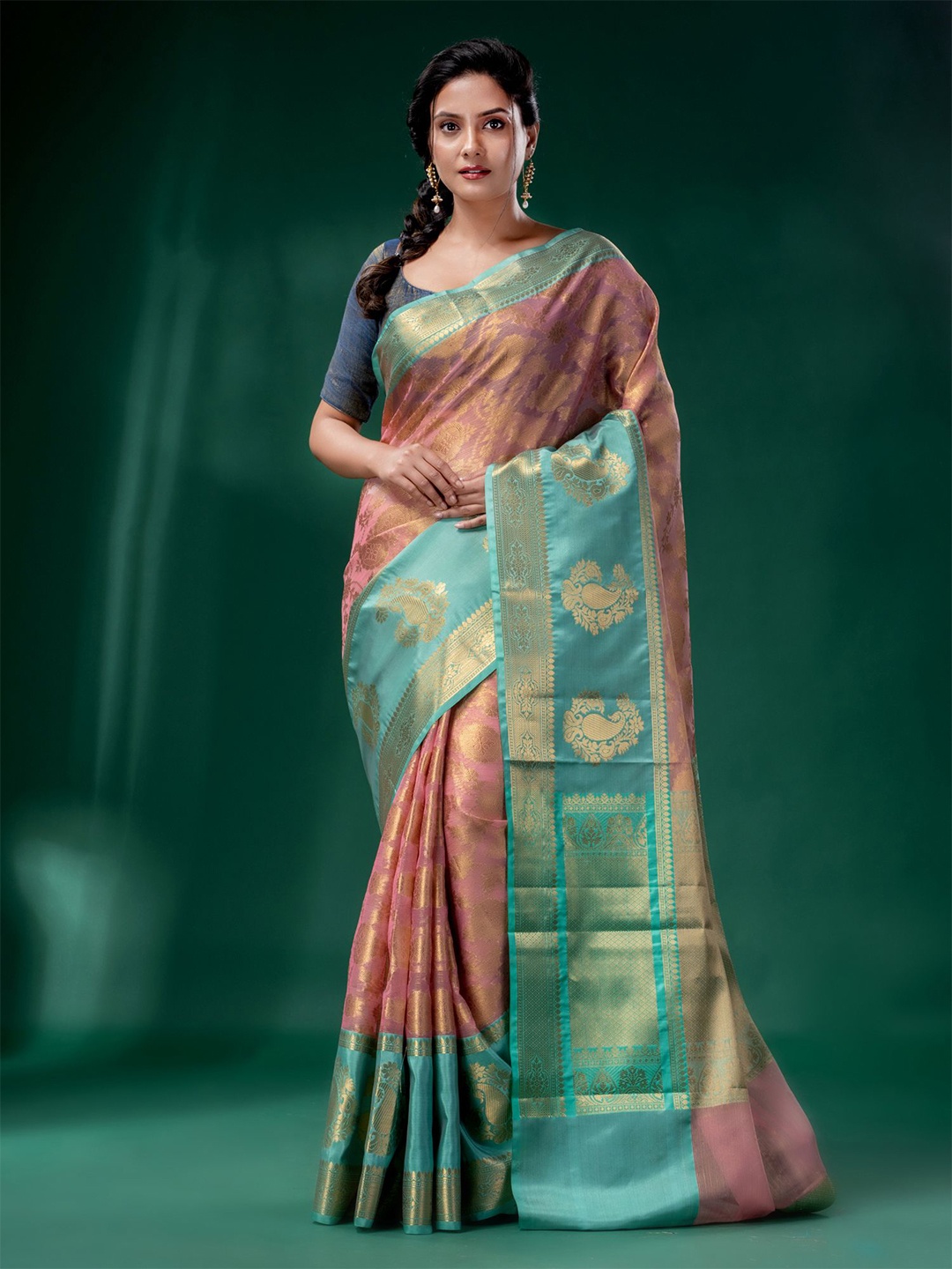 

Charukriti Pink & Blue Paisley Zari Organza Kanjeevaram Saree