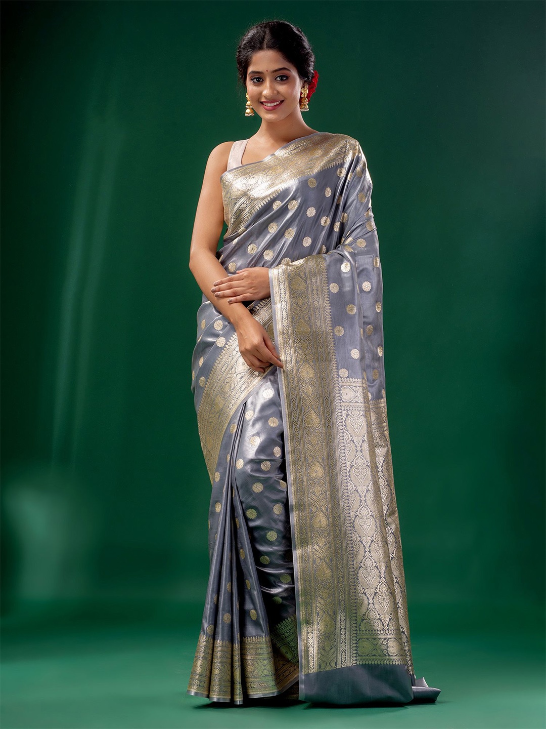 

Charukriti Grey & Gold-Toned Woven Design Zari Pure Silk Saree