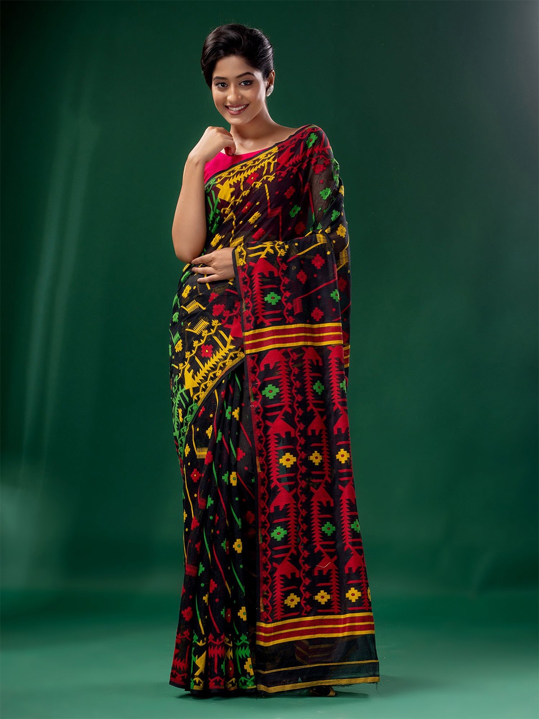 

Charukriti Black & Red Zari Silk Cotton Jamdani Saree